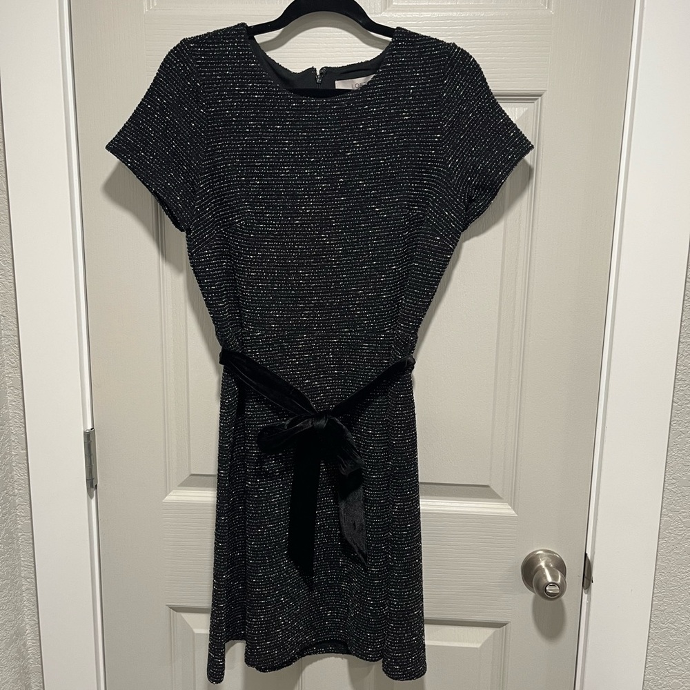 LOFT Black Tweed Mini Dress with Velvet Tie